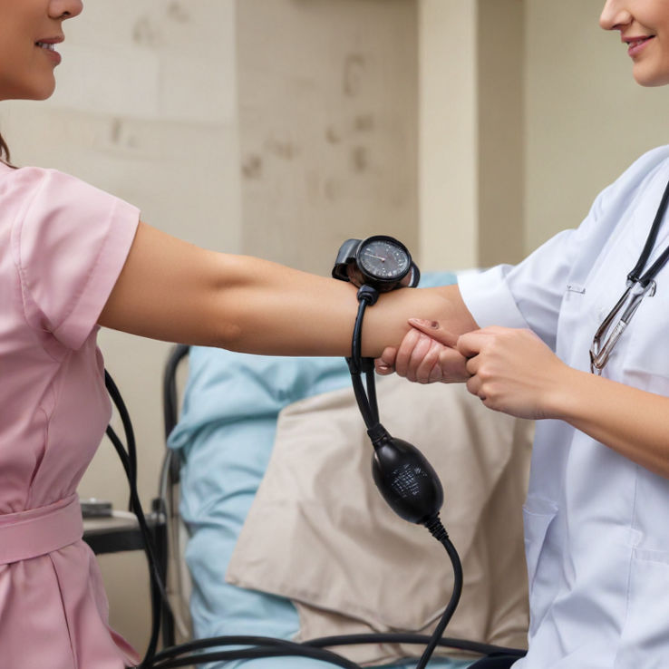 A realistic hospital setting showing a nurse using a blood pressure cuff on a patient.